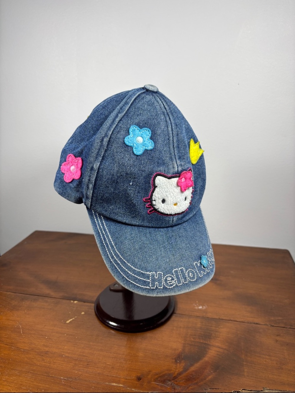 Y2K Sanrio Denim Cap Hat with Hello Kitty and Colorful Flower Patches Girls
